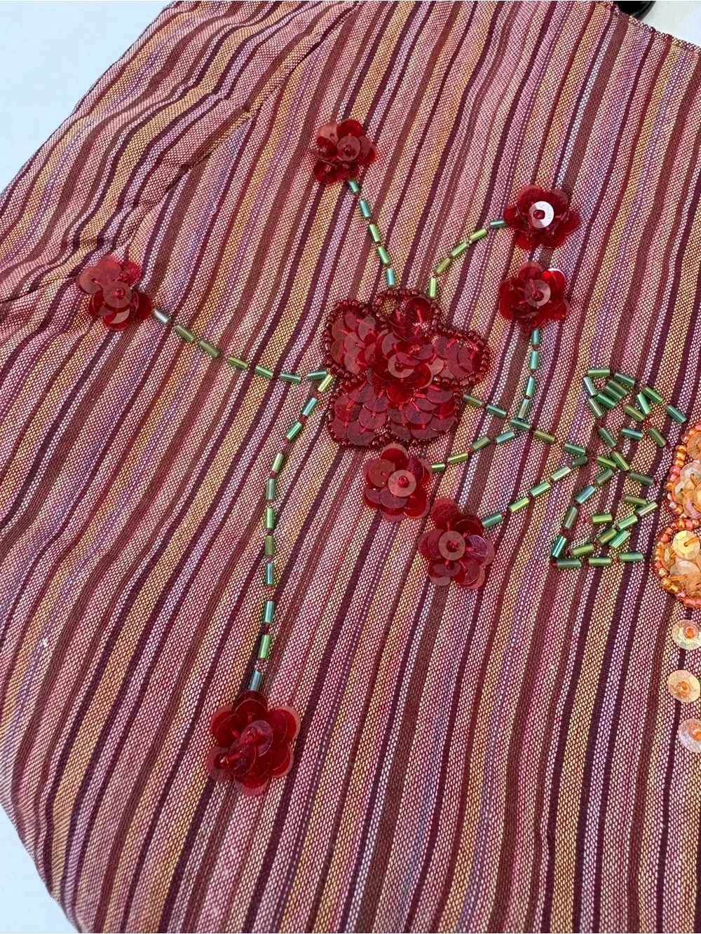 VNTG‎ Crescent Moon Orange Red Stripe Floral Embroidery Bag Purse Wooden Handle